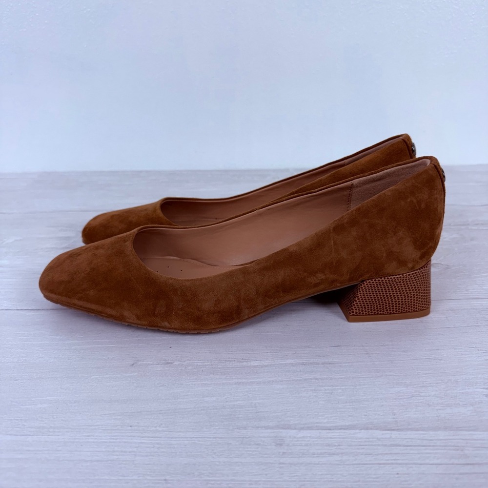 NYDJ Teddie Suede Block Heel Pumps Women 7.5 Brown Leather Square Toe Minimalist - Picture 6 of 14